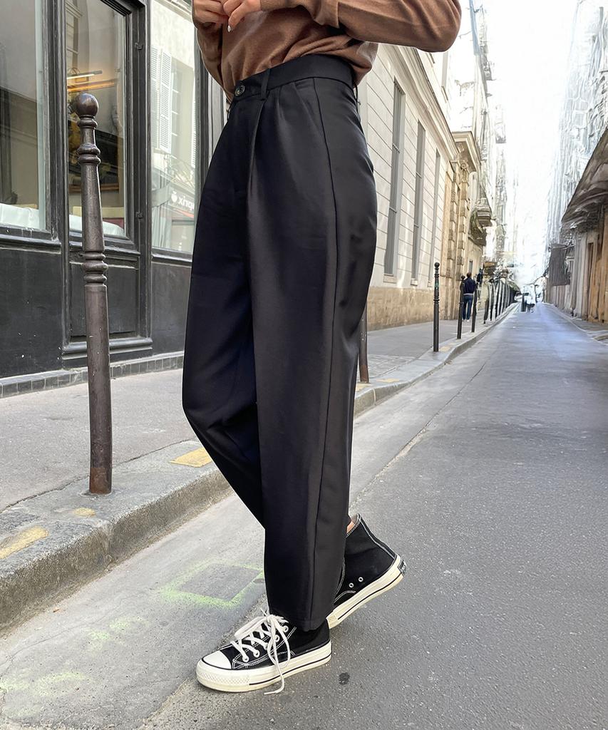 Ppaeppae High-Waisted Two-Pintuck Semi-Wide Slacks