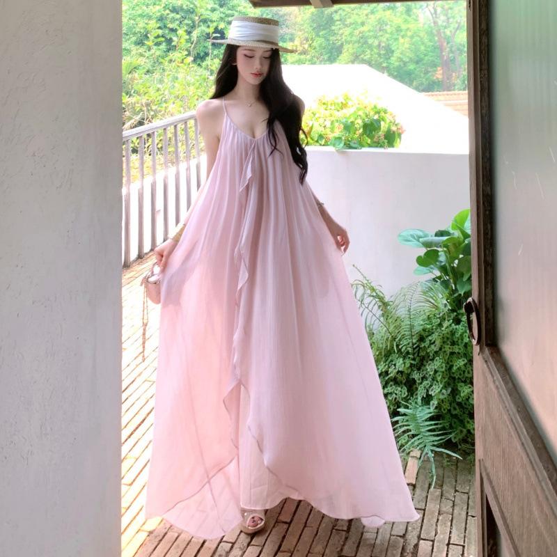 Premium Vacation Style Apricot V-neck Neck Suspender Dress Women's Summer Irregular Design Halter Dress