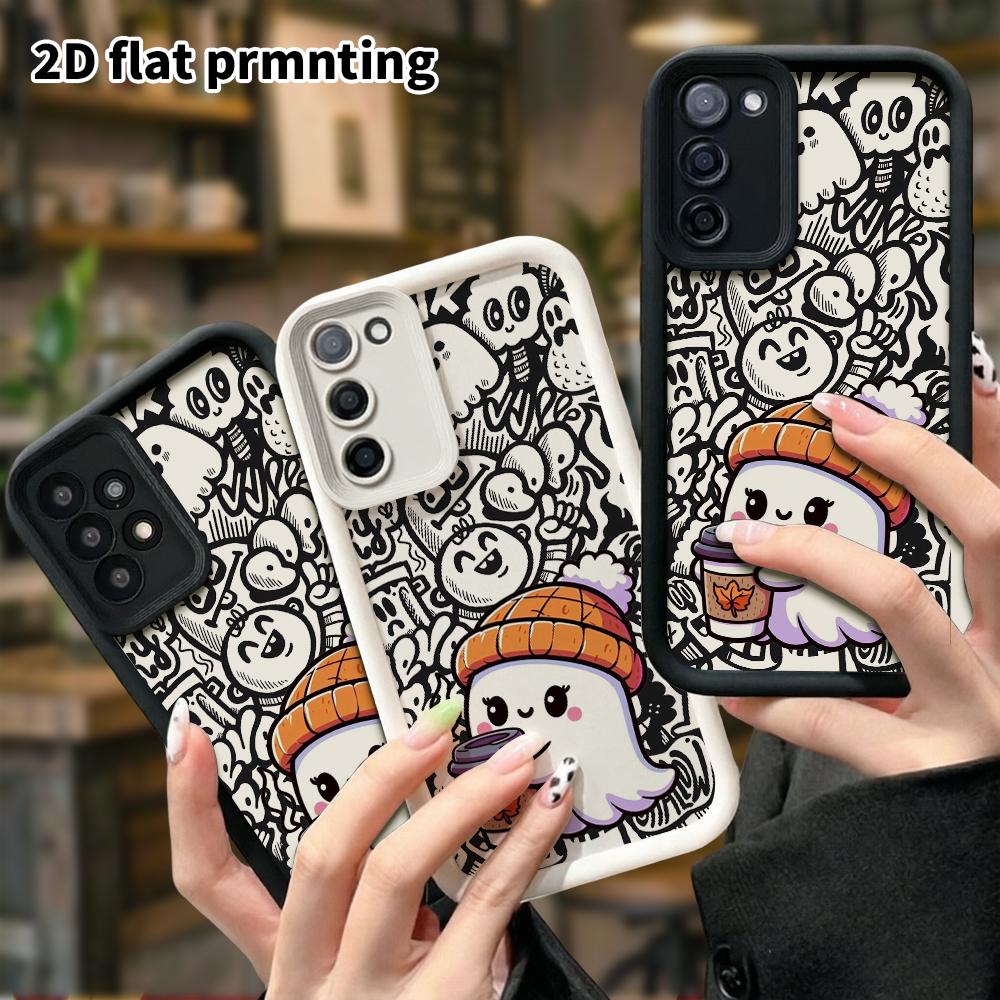 Phone Case: 2D Flat Samsung Galaxy A34 A35 M05 M06 S20 S22 S21 FE Plus 5G Protective Case, Little Coffee Ghost, Christmas and Halloween Gift