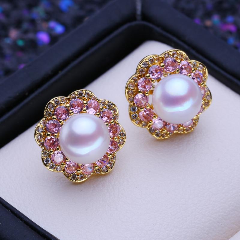

LSOOYH серьги-гвоздики из натурального пресноводного культивированного жемчуга для женщин, модные серьги-гвоздики золотого цвета с розовым цветком, вечерние украшения белый