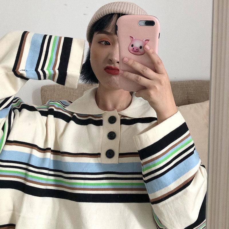 Pofulove Осень-зима Длинный рукав свитер женский полосатый колледж стиль хеджирование свободный ПОЛО XXL белый