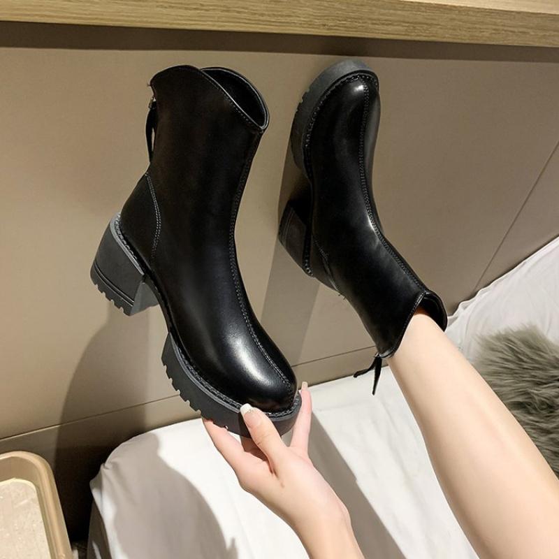 New Women'S British Style Ankle Boots - Chunky Sole Leather Booties With Rear Zipper, Fall/Winter Fashion Boots