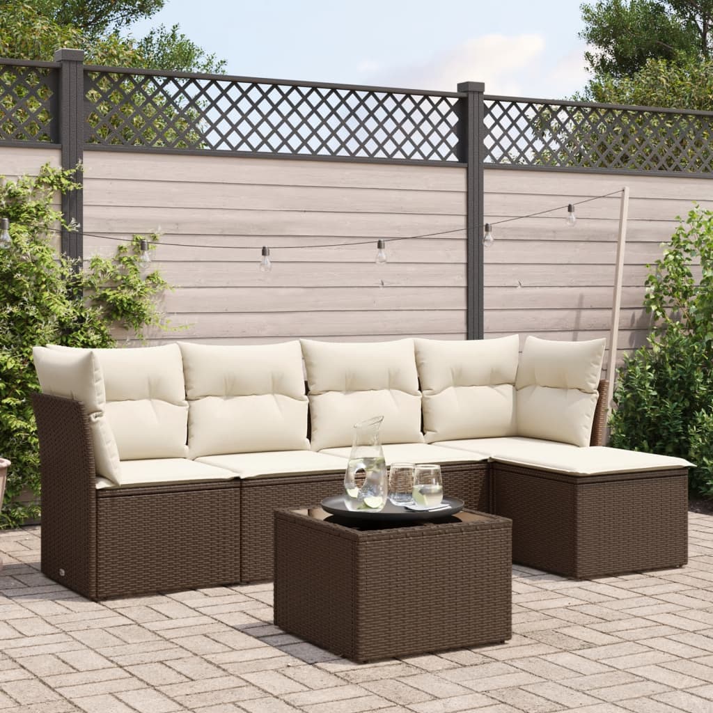 6 Piece Garden Sofa Set with Cushions Brown Poly Rattan