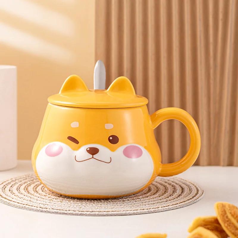 Creative Shiba Inu Ceramic Mug with Lid Cute Household Breakfast Mugs Office Coffee Cup with Lid Couple Water Cups Drinkware