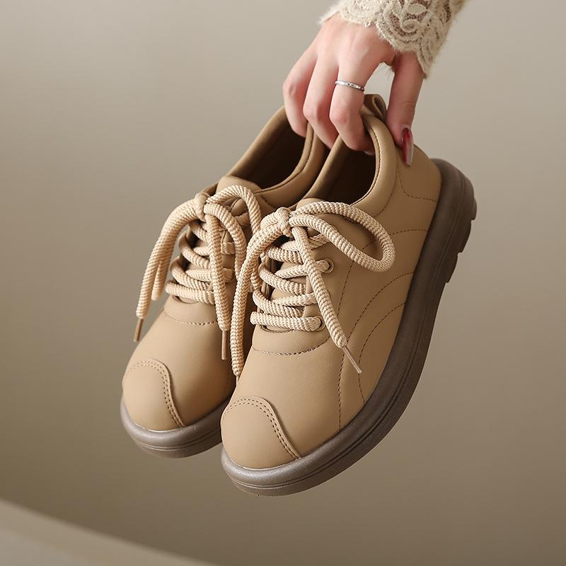 Love single shoes women's 2024 autumn new retro round head small leather shoes casual not tired foot lace-up flat shoes women