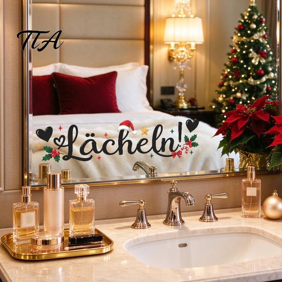 Christmas Mirror Decals for Bathroom Static Glass Sticker Mirror, Decorative PVC Window Decal with Holly Reusable Holiday Accents And Santa