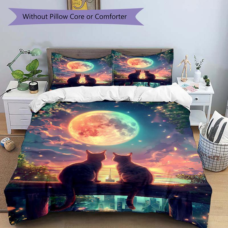 3pcs Anime Cat Moonlight Bedding Set - Includes One Quilt Cover and Two Pillowcases (No Core) - Home Decor Gift for Bedroom and Guest Room D