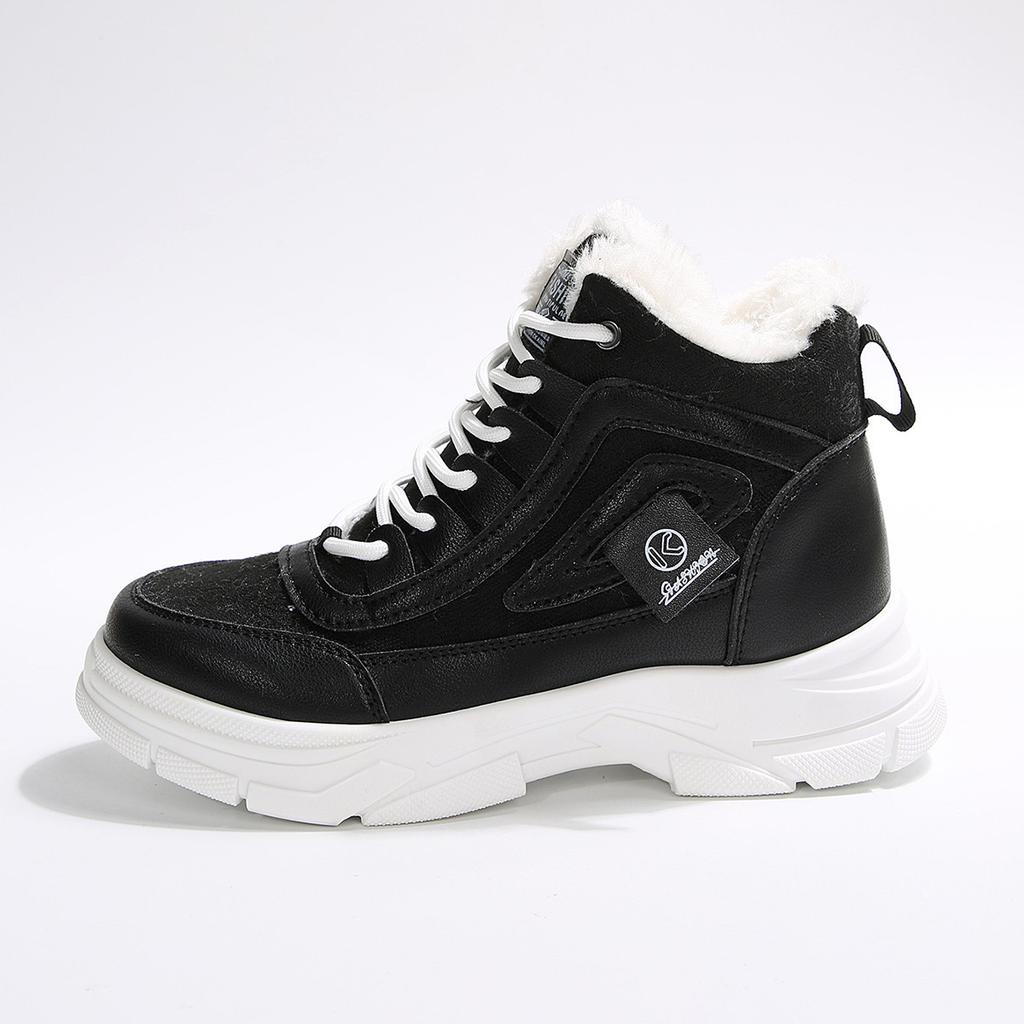 2025 autumn and winter Korean version velvet medium-top leather snow boots women's color matching thick-soled lace-up velvet sports cotton shoes