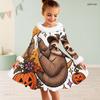 Girls Furry Trim High Neck Long Sleeve A Line Flared Hem Ghost Pumpkin Floral Printed Dress