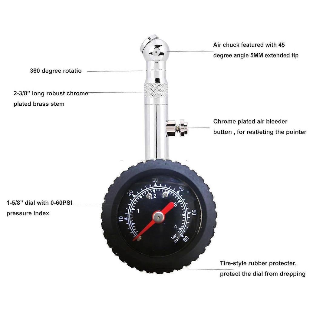 Tire Pressure Gauge 0-60 PSI, Heavy-Duty Chrome Metal Head, Measurement Tool for