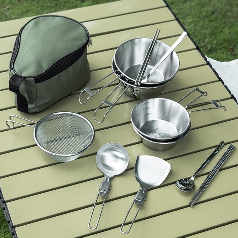 Stainless Steels Camp Dinnerware Camping Cutlery Set Outdoor Cooking Tableware Utensils with Spoon, Fork and Bowls
