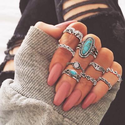 Fashion Women Bohemian Carved Unique Knuckle Rings Set 9 In 1