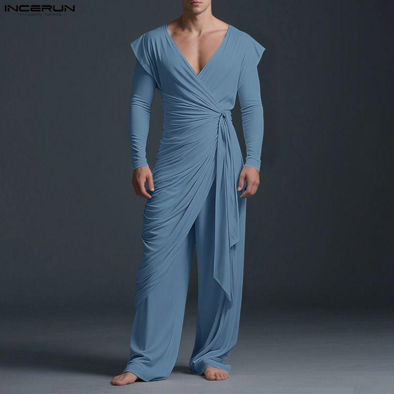 INCERUN 2 SZTUKI Męskie Koszulki z Dekoltem V i Długim Rękawem Falbankowe Skręcone Zestawy Ubrań Domowych Spodnie