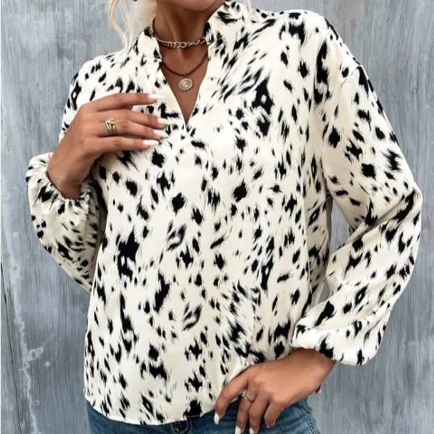 QICED Jaro Podzim Módní Polyesterový Pulovr s Leopardím Vzorem Dlouhý Rukáv Výstřih do V Volný Střih Dámská Košile