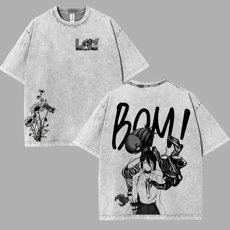 

Hot Anime Chainsaw Man Reze Print T-shirt Men Women Short Sleeve Clothing Cotton Tshirt Retro Washed T Shirt Harajuku Manga Tops XXL серый