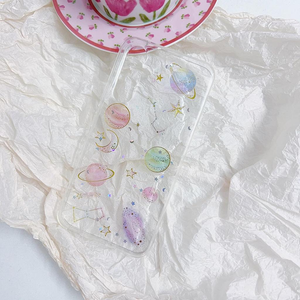 Compatible for Samsung Galaxy A15 4G / 5G Case, Cute Clear Cases with Design Stars and Moon Bling Glitter Planet Aesthetic Silicone Shockproof Cover