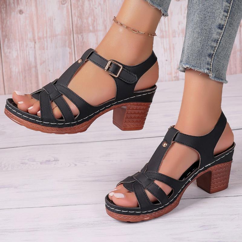 Fashion Women's Summer 2025 New High Heel Sandals Korean Style Fish Mouth Thick Heel Buckle Strap Shoes Large Size Women's Sandals