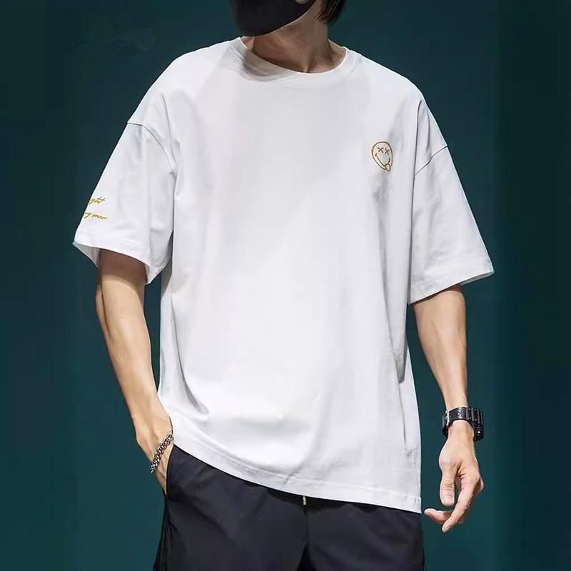 Men's 2024 Summer Plus Size Smiley Face Embroidery Short Sleeve Casual Cotton T-Shirt