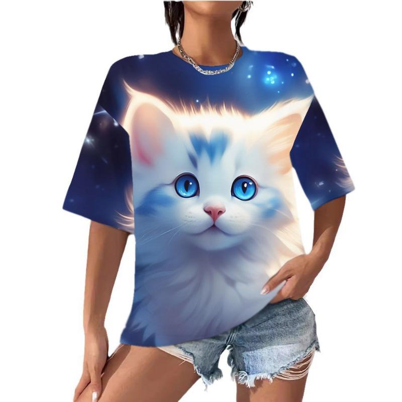 Summer Women's T-shirt with Digital Printing Cute Cat Short Sleeved Round Neck Top T-Shirts Women’s