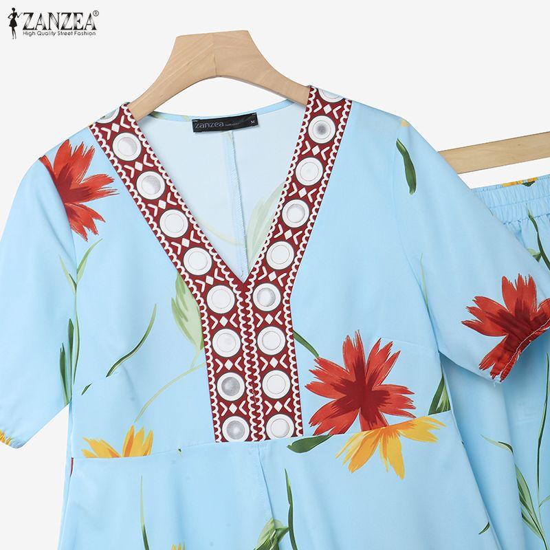 ZANZEA Women Short Sleeve Blouse and Long Skirts Floral Print Two Piece Suit Sets