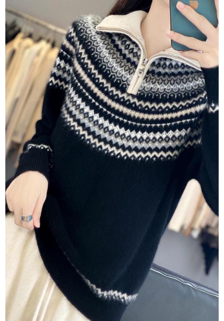 Women's Retro Fair Isle Wool Sweater: Loose, Thick Knitwear for Autumn and Winter.
