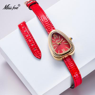 MISSFOX-Wykwintny damski zegarek w kształcie węża w stylu retro z diamentowym pierścieniem i kreatywnym skórzanym paskiem. Zegarek kwarcowy klasy premium