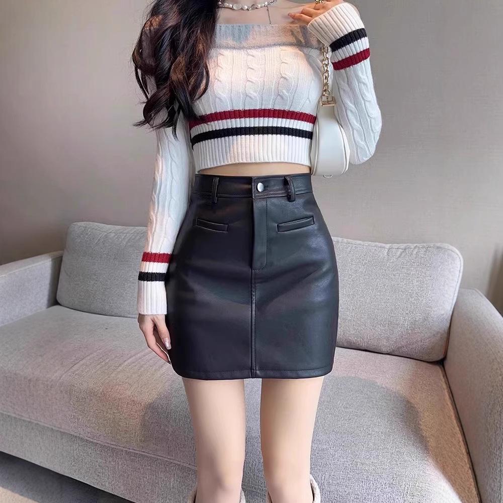Khaki High Waist PU Leather Bodycon Midi Skirt - Women's Autumn/Winter 2025 A-Line Casual Trend