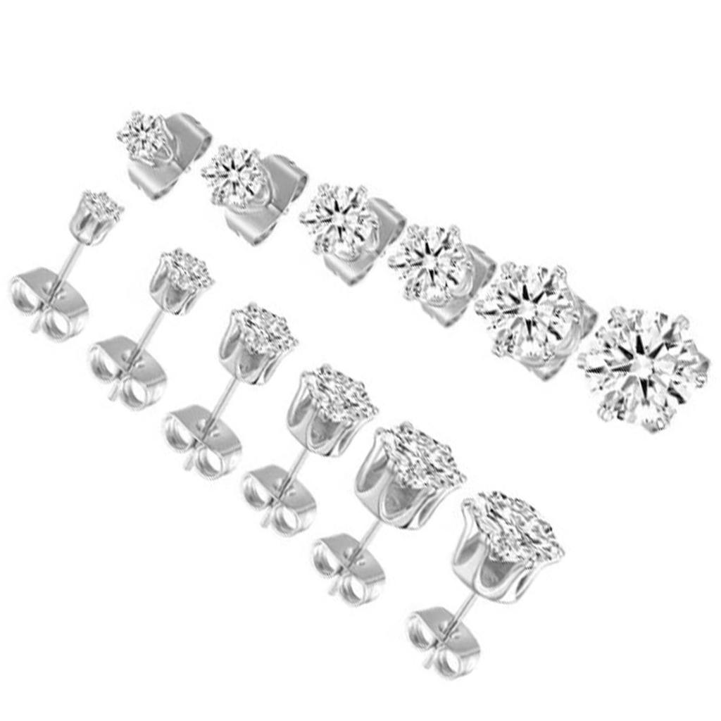 6 Pairs Ear Studs Stud Earring Set 6 Claw Stainless Steel Zircon Pierced Jewelry Accessories 3?8mm