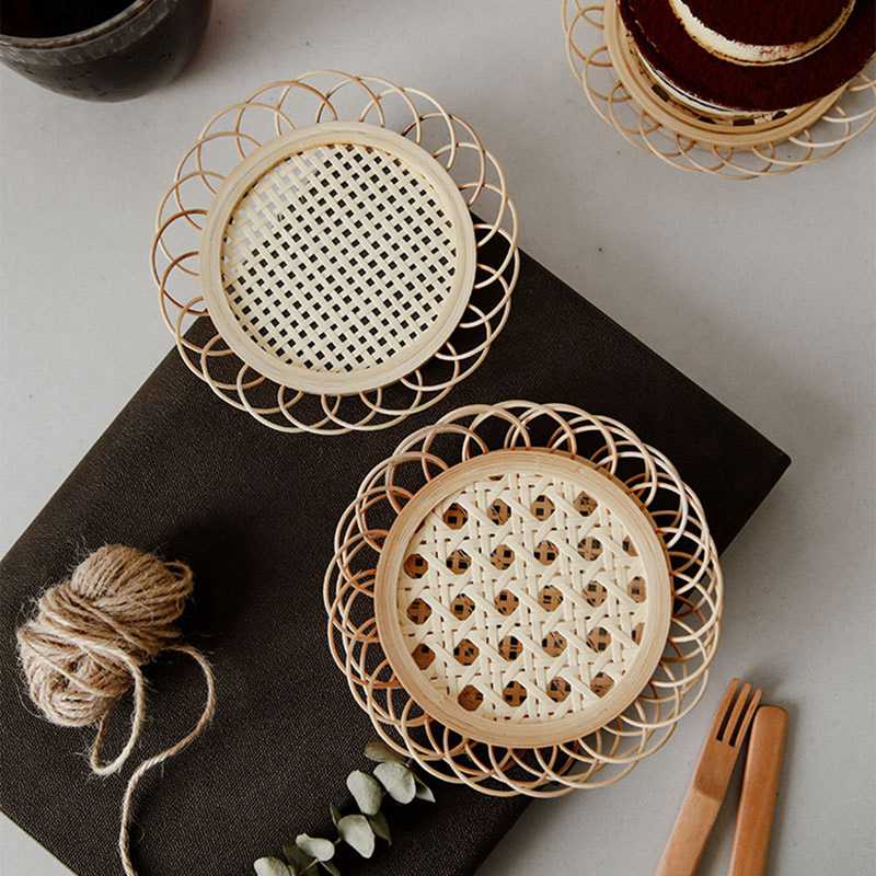Handmade Rattan Woven Tea Trays Laciness Cup Holder