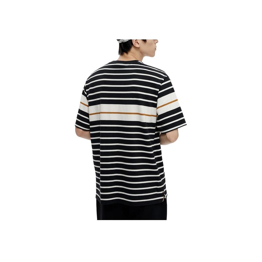 Fila Fusion Fashion Logo Print Loose Striped Knit Breathable Round Neck Pullover Short Sleeve T-Shirt Men Tops Deep-Black T11M323125F-BK