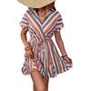 2025 New Casual Resort Ruffle Skirt Waist Shirt Collar Color Diagonal Stripe Dress