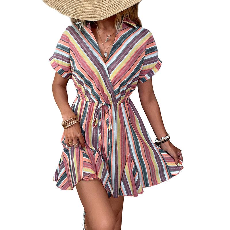 2025 New Casual Resort Ruffle Skirt Waist Shirt Collar Color Diagonal Stripe Dress