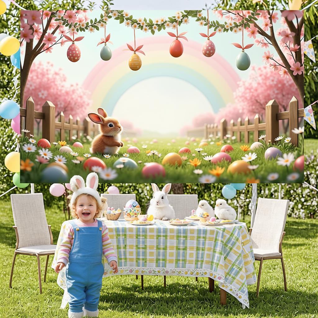 Easter Egg Background Grassland Scene Rainbow Banner Easter Banner Wooden Fence Detail Rabbit Display For Indoor Party Easter