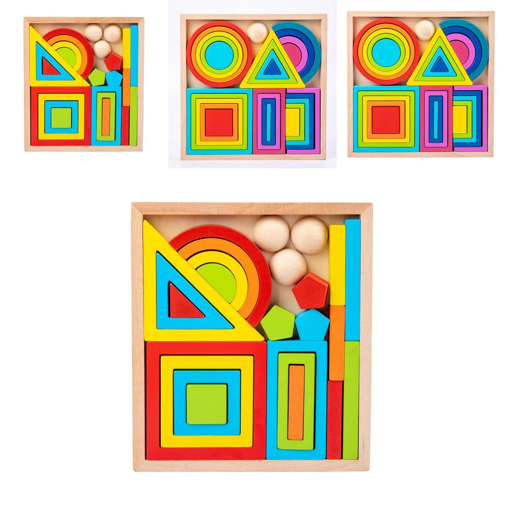 Wooden Geometric Rainbow Blocks For Toddler Learning Cognitive Development Set
