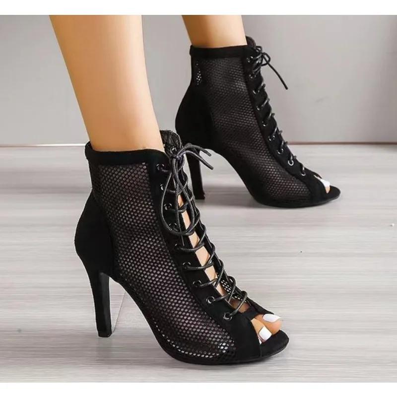 Fashion Sexy High Heels Hollow Mesh Sandals for Women Peep Toe Stilettos Comfortable Plus Size Jazz Dance Fashion Trend Summer Boots