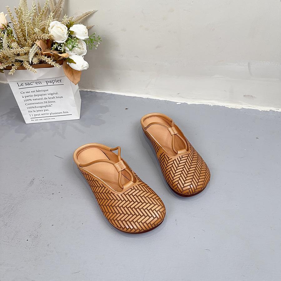 Johnature Genuine Leather Round Toe Slippers Women's Slip-on Shoes Casual Soft Sole Outside Slides