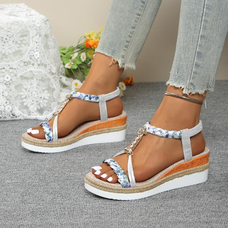 2025 Summer Women Sandals Floral Print Bohemian Sandals Wedge Thick Sole Elevated Elastic Strap Open Toe Hollow Ladies Sandals