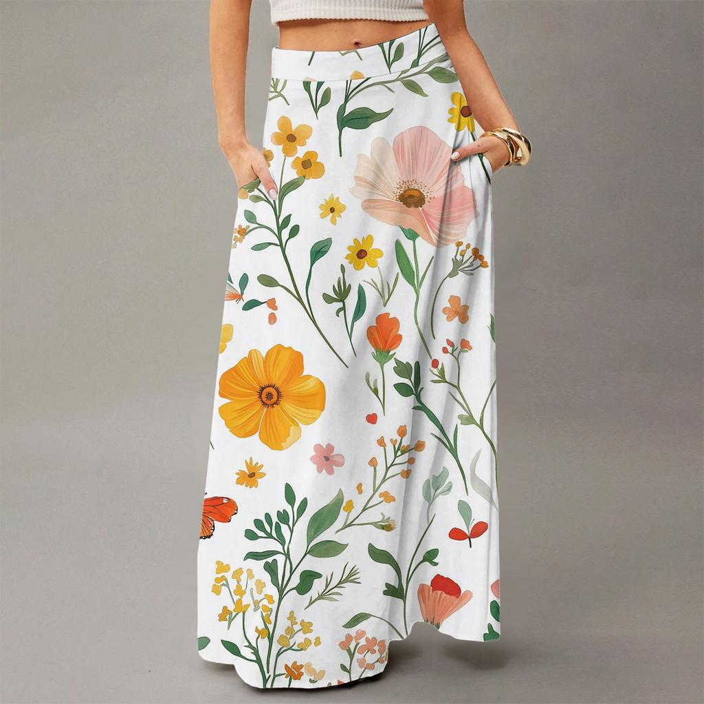 Damen Lässig Freizeit Faltbar Blumenmuster Hohe Taille Mit Tasche Drapierter Entspannter Langer Maxi-Rock