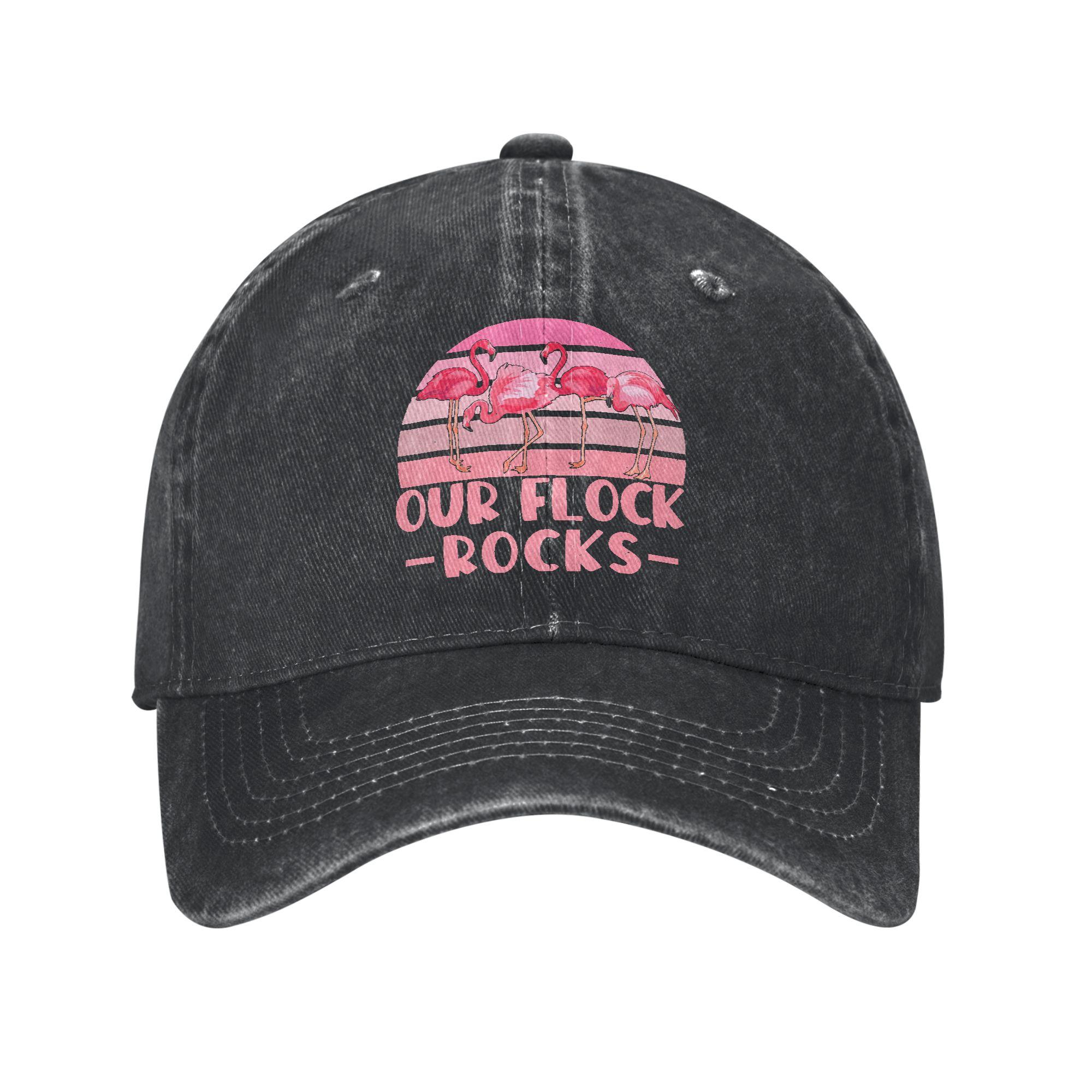 Funny Pink Flamingo Our Flock Rocks Baseball Caps Vintage Distressed Denim Snapback Cap Unisex Outdoor All Seasons Soft Hats Cap One Size