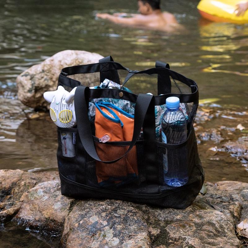 Multiple Compartment Swimming Gear Planner With Wide Padded Pulls Large Capacity Impermeable PVC Net Storage Bag For Pool Beach Travel