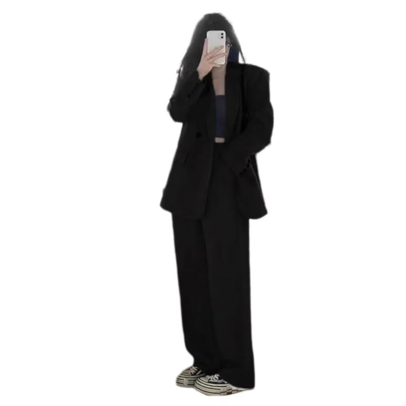 

[YoniStar] pant suit ladies 2 piece set set up fashion Dress slimmer top and bottom set high waist office wear long sleeve Washable Stylish (L black)
