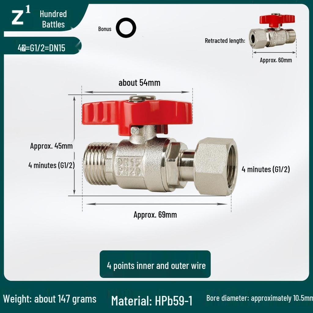 Full Copper Water Heater Union Ball Valve, Male/Female Thread, 6 to 4 Points Large Flow for Wall-Hung Boiler