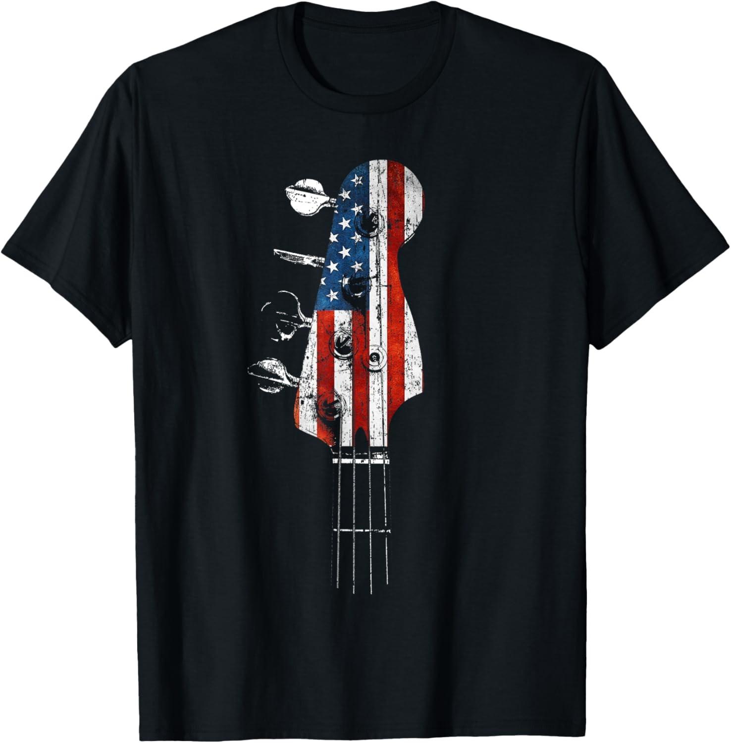 Bass Guitar Headstock USA Flag for Bassist and Bass Player T-Shirt XL
