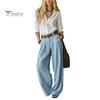 Long Sleeves Shirt Trousers Women Casual Two Piece Set for Fall, V Neck Collared Solid Color Suit & Wide Leg Pants, Loose Fit Autumn Outfits