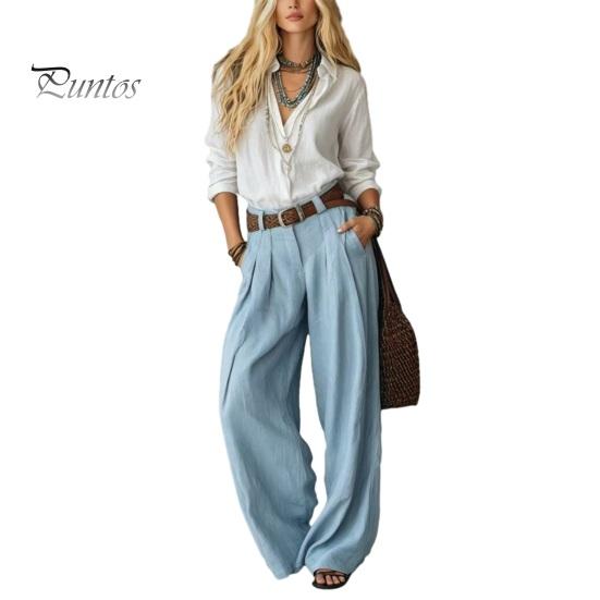 Long Sleeves Shirt Trousers Women Casual Two Piece Set for Fall, V Neck Collared Solid Color Suit & Wide Leg Pants, Loose Fit Autumn Outfits