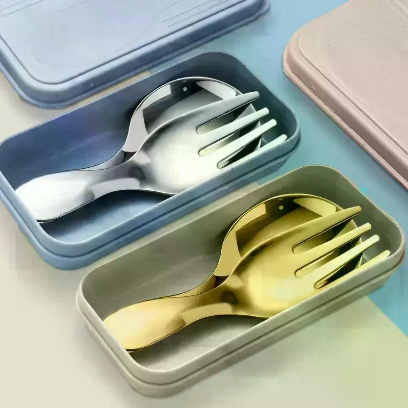 Stainless Steel Tableware Set Spoon Fork 2Pc Portable With Box Outdoor Camping Cutlery Lunch Hiking Camp Cooking Travel Flatware
