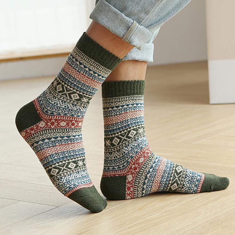 5/10 Pairs Autumn Winter Thickened Warm Socks Men's Retro Ethnic Style Small Diamond Wool Socks Mid Calf Socks Comfortable