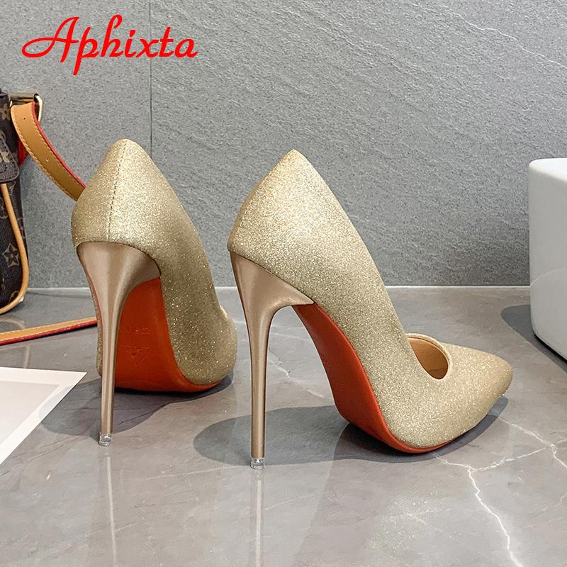Fashion Aphixta 12cm Super High Stiletto Heels Pumps Women Shoes Bling Sequined Leather Pointed Toe Wedding Dress Thin Heel Shoes Woman