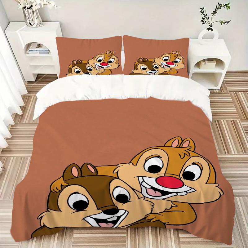 3pcs Naughty Chip 'n' Dale Printed Duvet Cover Set (1 * Cover+2 * Pillowcase, Without Core), Suitable for Home Bedroom, Guest Room, Dormitory Dec