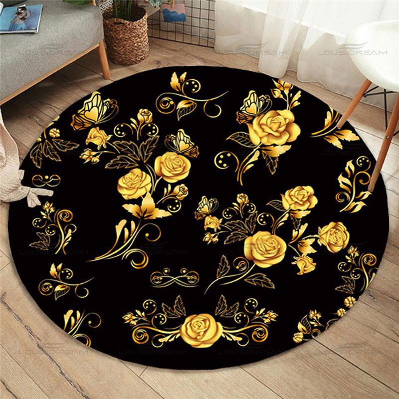 Gold Rose Pattern Floor Mat Fashion Round Rose Rug Home Anti-slip Children's Bedroom Rug Living Room Rug Home Decor Floor Mats